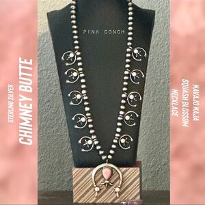 Navajo squash blossom Chimney Butte pink queen conch sterling silver necklace